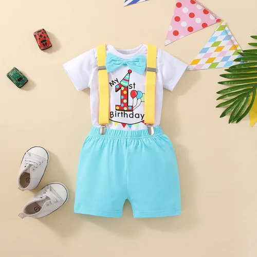 Vista 2 de Highnesson-ww Ropa divertida para el primer cumpleaños para bebé, ropa para bebé, con corbatín, mameluco, pantalones, conjunto de tirantes, trajes