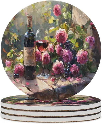 Vista 31 de 4 posavasos de vino tinto, cuadrados y modernos posavasos absorbentes de cerámica, estilo de pintura al óleo, vintage, vino tinto, uvas, rosa