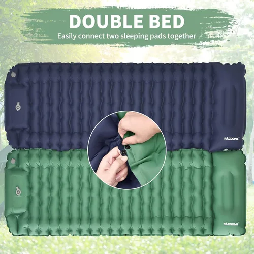 Vista 6 de Colchoneta de dormir para campamento, diseño conectable para doble colchoneta, colchoneta inflable ultraligera con almohada, bomba de pie