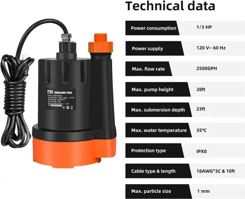Vista 3 de Bomba de agua sumergible, 1/3 HP 2500 GPH Bomba de drenaje de agua limpia eléctrica portátil para drenaje de piscinas, inundaciones, piscina y sótano