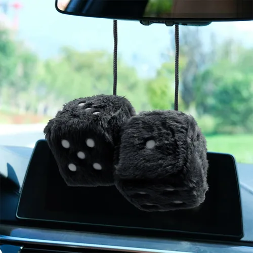 Vista 3 de Par de dados cuadrados retro de felpa mullidos de 3 pulgadas con puntos, decoración para colgar en el espejo del automóvil, adorno para espejo
