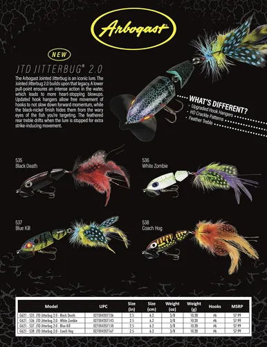 Vista 4 de Arbogast Jointed Jitterbug 2.0 Topwater Bass Señuelo de pesca, 2 1/2 pulgadas, 3/8 onzas