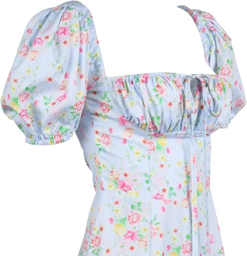 Vista 7 de Vestido de verano para mujer, estampado floral, hombros descubiertos, manga corta, dividido, para fiesta de playa, vestido bohemio