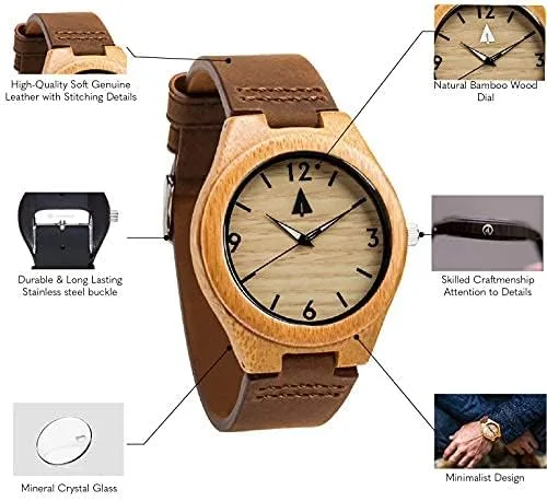 Vista 5 de Treehut - Reloj de pulsera para hombre de cuarzo de madera con correa de cuero de calidad superior