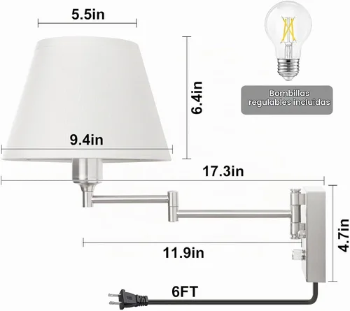 Vista 6 de TRLIFE Aplique de pared enchufable, juego de 2 lámparas de pared regulables con brazo oscilante de níquel cepillado, cable de enchufe y interruptor