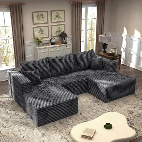Vista 42 de Sofá modular en forma de L de 118 pulgadas, moderno sofá modular de pana de espuma viscoelástica de 4 plazas con otomana, asiento profundo tapizado