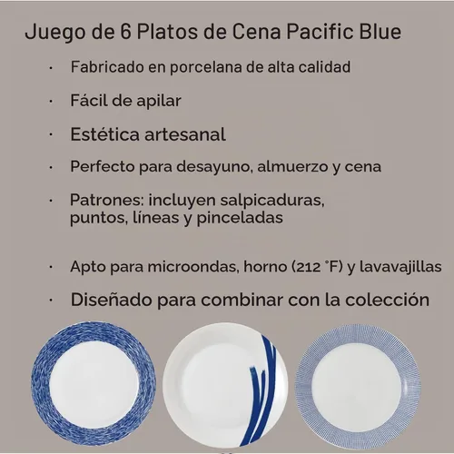 Vista 2 de Royal Doulton Pacific - Platos llanos con patrones mixtos, 11.4 pulgadas, azul/blanco, juego de 6