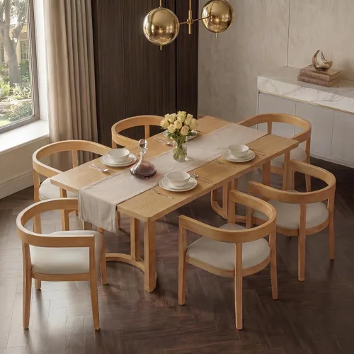 Vista 45 de Juego de mesa de comedor rústica de 6 piezas con mesa rectangular de caballete y 4 sillas tapizadas y banco, juego de mesa de comedor de cocina