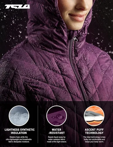 Vista 4 de TSLA Chaquetas acolchadas ligeras y plegables para mujer con capucha, abrigo largo de invierno resistente al agua