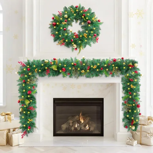 Vista 2 de Guirnalda de Navidad de 9 pies con luces, guirnalda iluminada que funciona con baterías con piñas, bayas rojas, ramas frondosas, 50 luces LED, 8