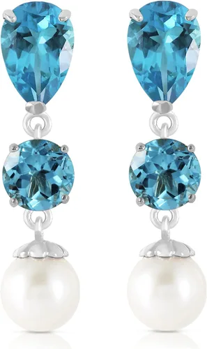 Vista 3 de Pendientes de perlas de topacio azul ardiente de oro blanco sólido de 14 quilates de 10.5 quilates, Pequeño, Metal Gema, topacio azul