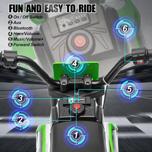 Vista 2 de Motocicleta para niños, motocicleta de paseo con batería 12V7A Verde