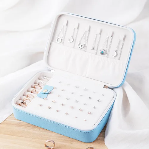 Vista 4 de SANQIANWAN Joyero de viaje de cuero de lujo para mujer, estuche de viaje portátil, anillos, aretes, collar, organizador multifuncional, regalo