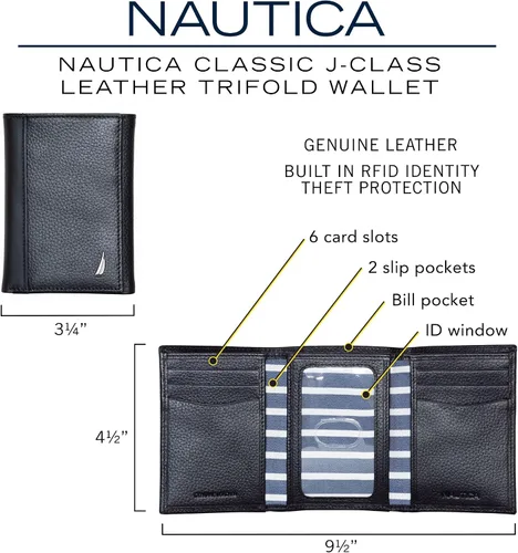 Vista 48 de Nautica Men's Trifold Wallet RFID Blocking Protection ID Window Card Slots Genuine Leather Durable