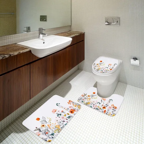 Vista 5 de Juego de alfombras y tapetes de baño, juego de 3 piezas de alfombra de baño, alfombra de baño de flores, ultra suave, absorbente, peluda, gruesa