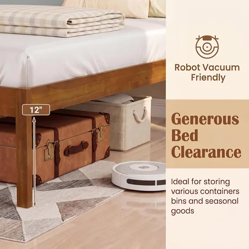 Vista 6 de KOMFOTT Twin Size Bed Frame, Farmhouse Wooden Platform Bed with Headboard Walnut