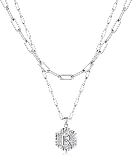 Vista 30 de M MOOHAM - Delicado collar de oro para mujer, de 14 quilates, en capas, lindos collares con letra hexagonal con inicial para mujer, regalos