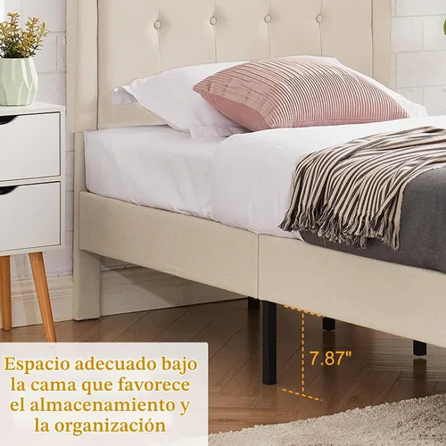 Vista 8 de VECELO - Base de cama tapizada con plataforma individual con cabecera ajustable de panel cosido con botones, fuerte soporte de listones de madera