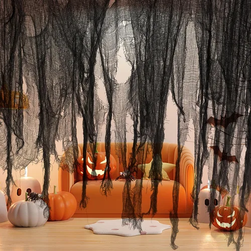 Vista 9 de Tela espeluznante de Halloween de 200 x 59 pulgadas, decoraciones de Halloween espeluznantes negras, gasa espeluznante de gran