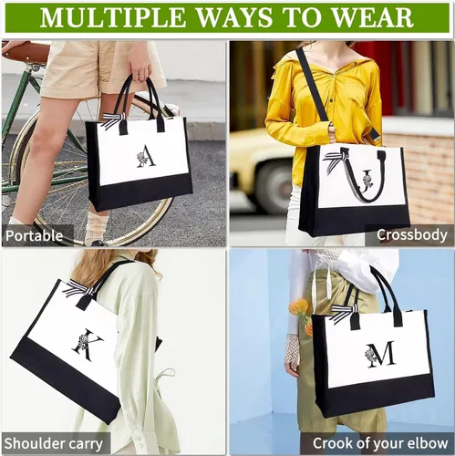 Vista 4 de YOOLIFE Bolsa de lona personalizada con inicial con bolsa de maquillaje, bolsa de playa con cremallera correa ajustable, regalos de cumpleaños