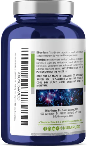 Vista 3 de NusaPure Acetil L-carnitina 750 mg por cápsula 150 cápsulas vegetales (sin OMG, sin gluten) Acetilo L Carnitina HCL de alta potencia (ALCAR)