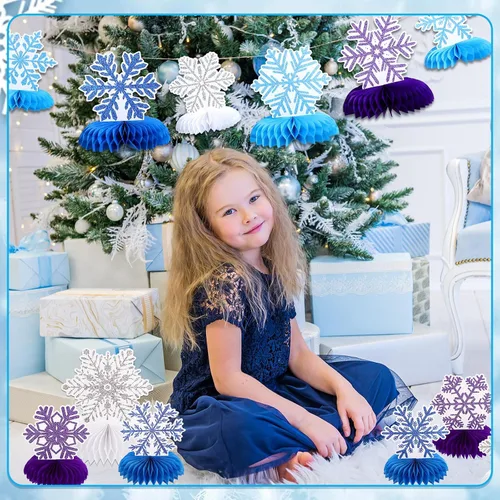 Vista 5 de 12 PIEZAS Centros de Mesa de Panal en Forma de Copo de Nieve para Mesas, Decoraciones de Fiesta de Cumpleaños de Frozen, Centros de Mesa de Copo