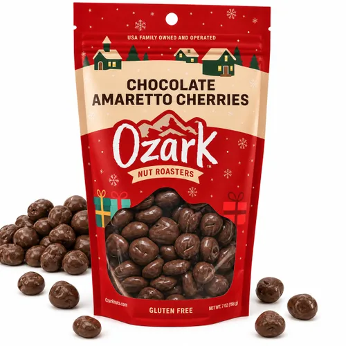 Vista 7 de OZARK NUT ROASTERS, Cerezas de chocolate y amaretto, aperitivos de cereza con sabor a chocolate, cerezas recubiertas de chocolate con leche gourmet