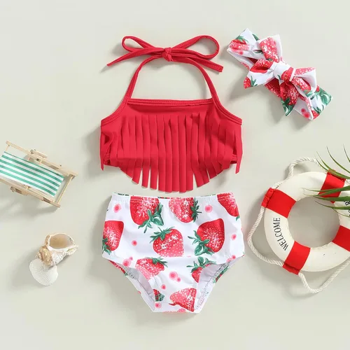 Vista 8 de Yccutest Traje de baño de flores para bebé, 3 piezas, parte superior triangular, parte inferior con volantes, sombrero para el sol, conjunto