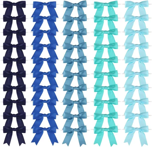 Vista 2 de Meseey 50 lazos preatados de cinta de satén azul polvoriento, surtidos con lazo torcido, lazos preatados de 2.5 pulgadas para bolsas de golosinas