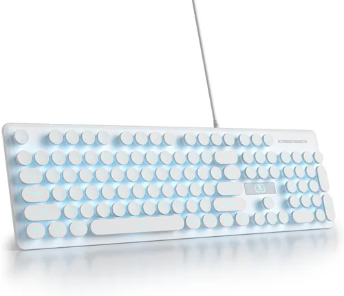 Vista 12 de Teclado de máquina de escribir retro con cable, teclado silencioso de computadora iluminado con 104 teclas redondas de tamaño completo, Azul