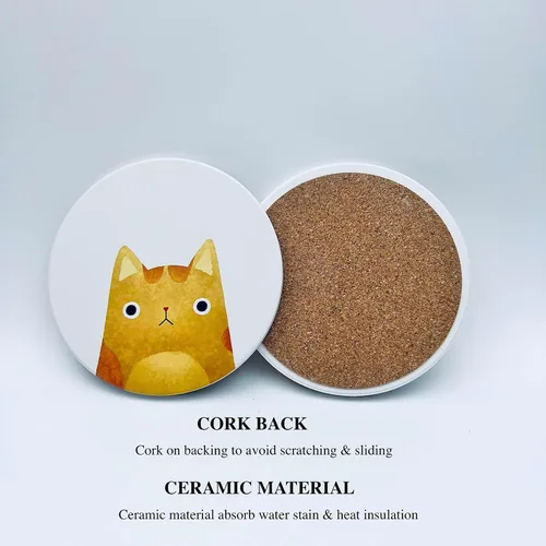 Vista 5 de Juego de 6 posavasos redondos absorbentes de piedra de cerámica lindos para bebidas de gato para tazas y tazas, mesa de café, escritorio de oficina