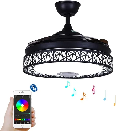 Vista 8 de Ventilador de techo invisible de 42 pulgadas con luz y control remoto, acabado negro, aspas retráctiles, ventiladores con luces LED, 3 cambios