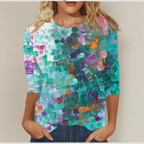 Vista 54 de Camisetas personalizadas para mujer, a la moda, casual, de séptima manga, estampada, cuello redondo, camiseta