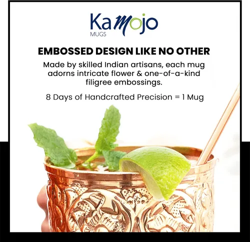 Vista 2 de Kamojo Moscow Mule Cups - Juego de 4 tazas de cobre Moscow Mule de primera calidad con diseño único en relieve y antideslustre, revestimiento