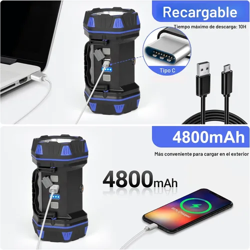Vista 6 de Linterna de camping LED recargable, linterna de campamento de 1500 lm, 8 modos de luz, luces de campamento de capacidad 4800, luz de flash brillante