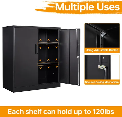 Vista 5 de Armario de almacenamiento de metal con 2 puertas, gabinete de almacenamiento de acero con cerradura con 2 puertas y estantes ajustables, gabinete
