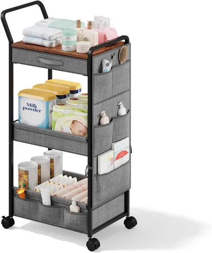 Vista 10 de BBLIKE Organizador de pañales de 3 niveles – Carrito de bebé utilitario rodante con cesta y bolsillos laterales para guardería y artículos