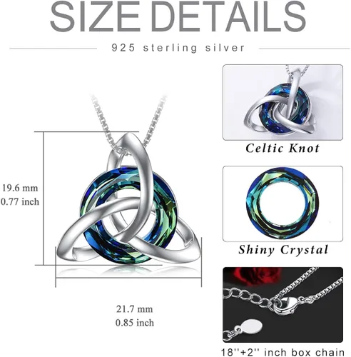 Vista 3 de TOUPOP Regalos irlandeses para mujer, collar de nudo celta de plata de ley con nudo de cristal de la Trinidad para niñas, para cumpleaños, fiestas