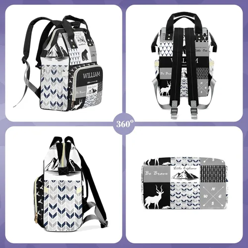Vista 3 de Woodland Deer - Bolsa de pañales personalizada para bebés, niños y niñas con nombre, bolsa de lactancia personalizada para mamá y papá, Negro