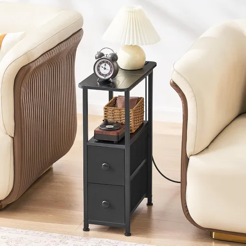 Vista 7 de DALEMHOME Mesa auxiliar estrecha con estación de carga, mesa auxiliar estrecha con cajón, mesita de noche pequeña con luz LED, mesita de noche Negro