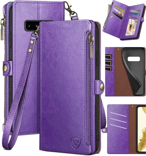Vista 13 de XcaseBar Funda tipo cartera para Samsung Galaxy S10+/S10 Plus con cremallera y tarjetero de crédito con bloqueo RFID, funda de piel sintética