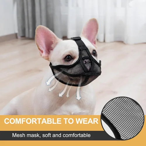 Vista 4 de OHCOZZY Bozal corto para perro, no cubre la frente, bozal de bulldog ajustable, malla transpirable ajustable, antimordeduras y ladridos (S, negro)