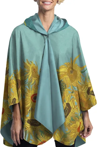 Vista 2 de RainCaper Capa de lluvia para mujer, impermeable, con capucha, reversible, bellas artes