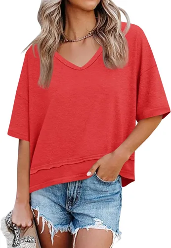 Vista 8 de Cicy Bell Camisetas de verano con cuello en V para mujer, casuales, de manga corta, holgadas, lindas camisetas básicas Caqui