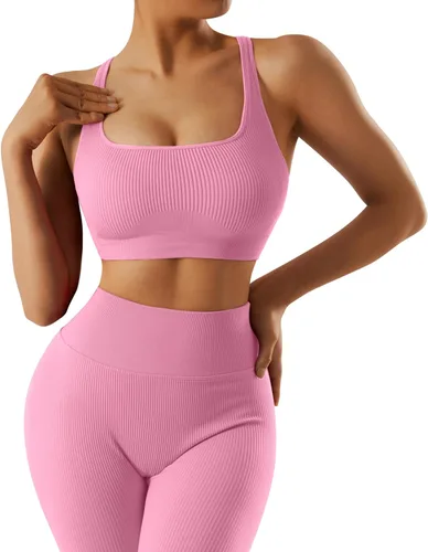 Vista 3 de OMKAGI Conjunto de entrenamiento acanalado para mujer, sin costuras, brasier deportivo con tiras y levantamiento de glúteos