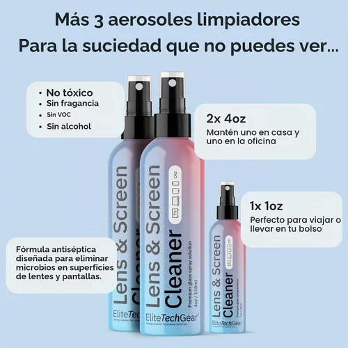 Vista 8 de Elite Tech Gear Kit de Cuidado Óptico, de Pantalla y Lentes - Aerosol de 3 Piezas (2x4oz+1oz) con 2 Paños de Microfibra - Solución para Anteojos Sin