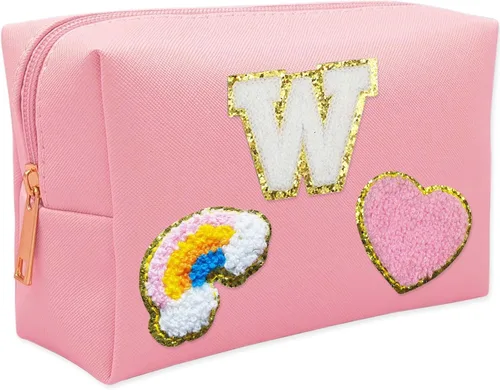 Vista 8 de Bolsa de Maquillaje Preppy, Estuche de Lápices de Cuero PU Premium Impermeable Bolsa de Cosméticos con Sonrisa Corazón Arcoíris Bonita Bolsa