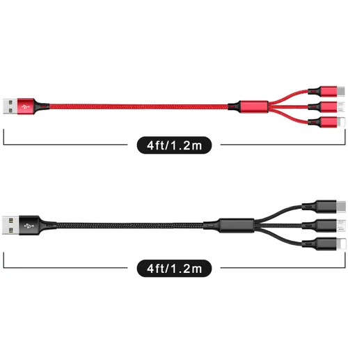 Vista 6 de Cable de carga múltiple, paquete de 2 cables de carga multiteléfono de 4 pies, trenzado, universal, 3 en 1, cable de carga extra largo múltiple USB