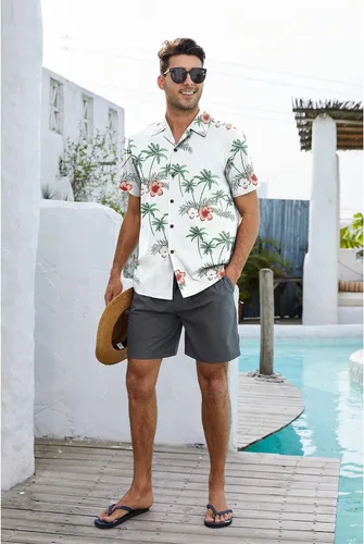 Vista 3 de Century Star Camisas hawaianas para hombre, diseño floral, casual, con botones, de manga corta, tropical, de verano, para hombre
