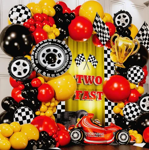 Vista 4 de Kit de arco de globos de coche de carreras TODO-EN-1 y guirnalda con TROFEO de REGALO y Número 2 - Globos de coches de carreras para suministros